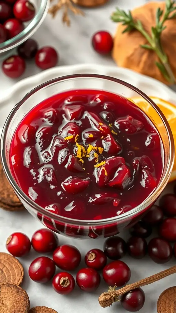 A bowl of cranberry sauce with orange zest, surrounded by fresh cranberries and spices.
