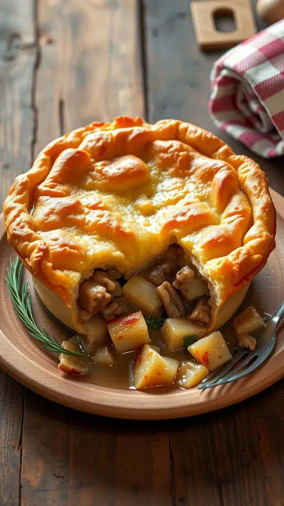 A golden-brown turkey pot pie with a flaky crust, filled with turkey and vegetables, served on a wooden table.