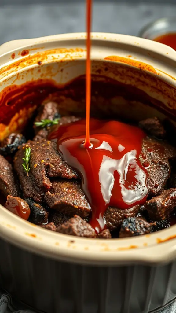 BBQ beef brisket in a crockpot with homemade sauce being poured over it