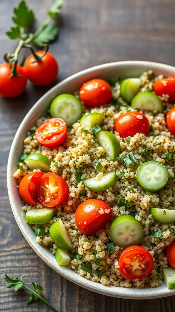 A bowl of herbed quinoa salad with cherry tomatoes and cucumbers