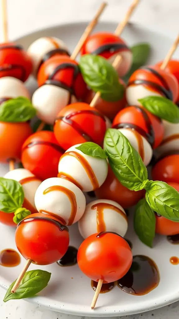 A plate of mini Caprese skewers with cherry tomatoes, mozzarella balls, and basil leaves drizzled with balsamic glaze.