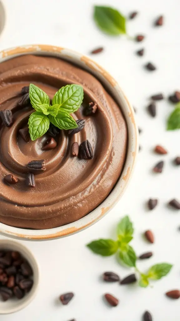 A bowl of chocolate avocado mousse topped with mint leaves and chocolate shavings