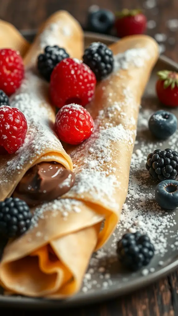 Delicious chocolate hazelnut spread crepes topped with fresh berries and powdered sugar.