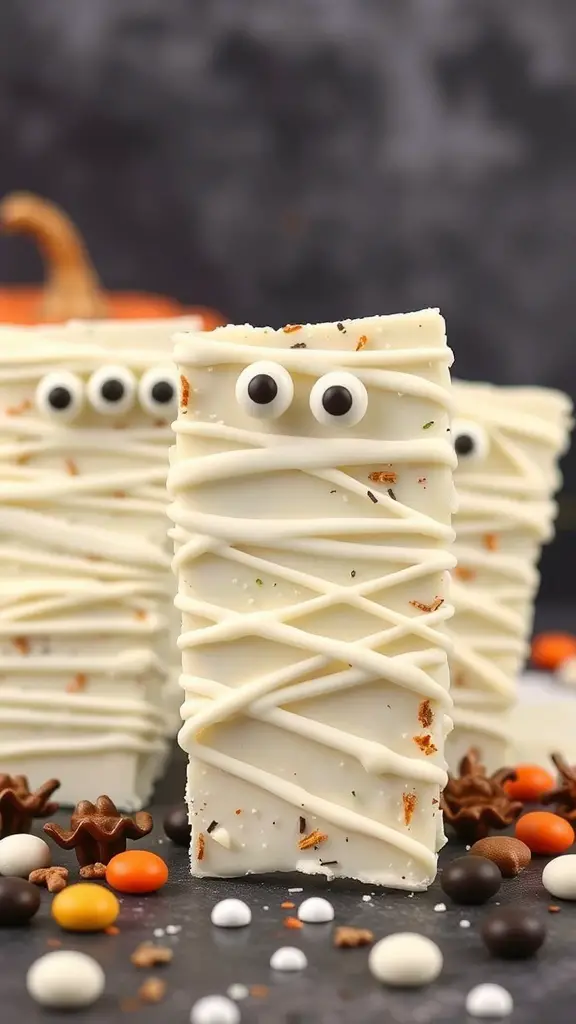 Mummy Pretzel Cracker Bark decorated with candy eyes and chocolate drizzle