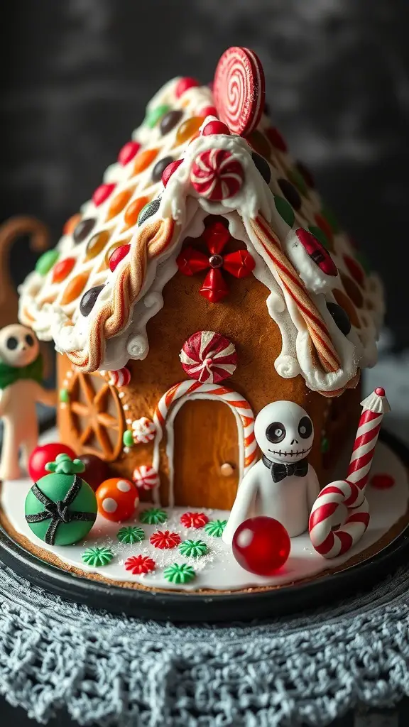 A colorful gingerbread house cake decorated with candies and icing.