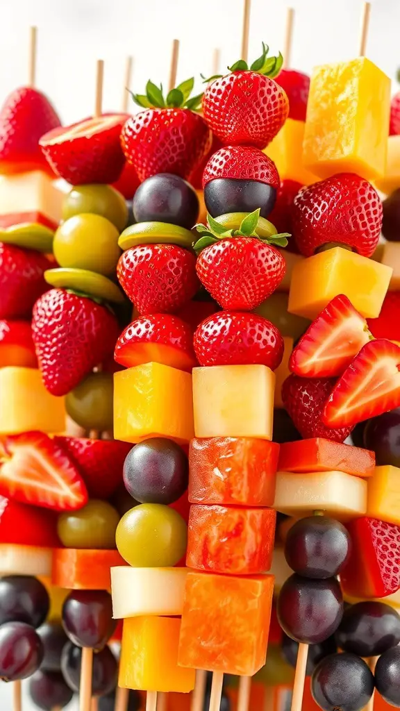 Colorful fruit kabobs with strawberries, grapes, and melon on skewers