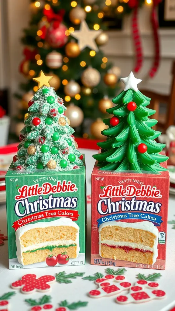Two boxes of Little Debbie Christmas Tree Cakes, one classic and one new flavor, with a festive background.