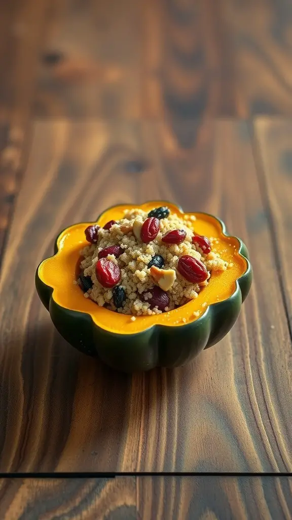 Stuffed acorn squash filled with grains and dried fruits on a wooden table.