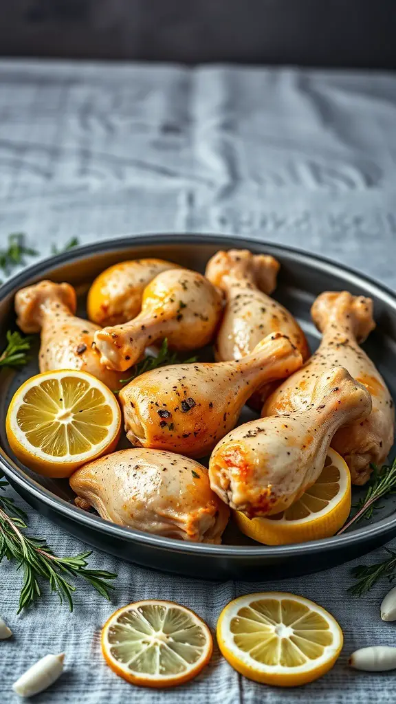 A plate of lemon pepper chicken drumsticks with lemon slices