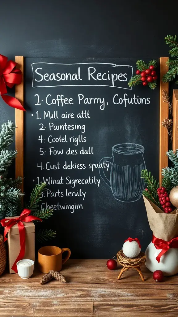 A festive coffee bar with a chalkboard listing seasonal coffee recipes and holiday decorations.