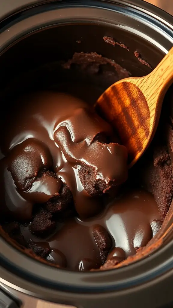 Chocolate lava cake mixture in a crockpot with a wooden spoon