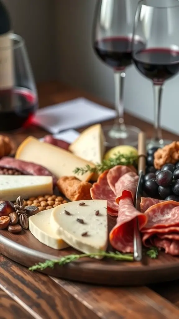 A gourmet charcuterie board featuring various cheeses, cured meats, nuts, and fruits, paired with glasses of red wine.
