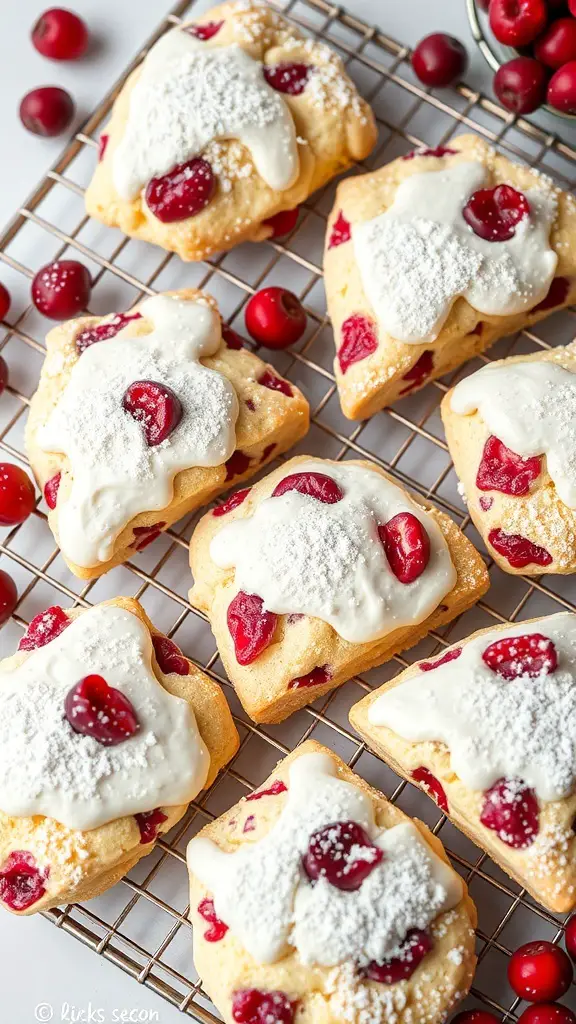 A tray of frosted cranberry scones shaped like Christmas trees, decorated with red cranberries and powdered sugar.