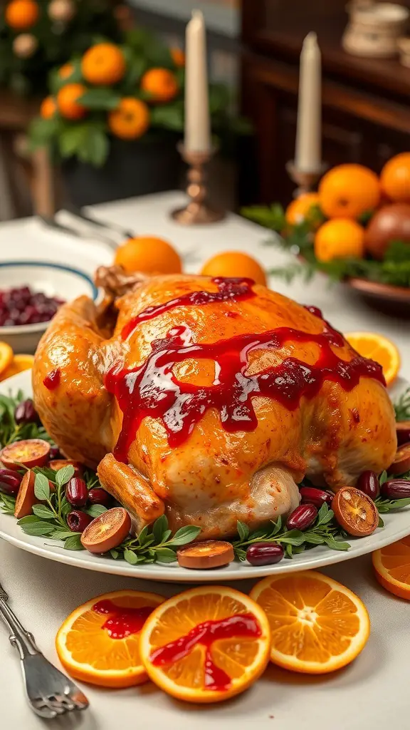 A beautifully glazed turkey topped with cranberry sauce, surrounded by orange slices and fresh cranberries on a festive table.
