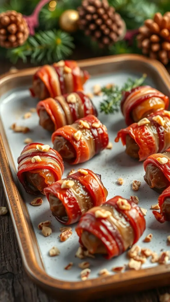 A plate of crispy bacon-wrapped dates garnished with nuts and served on a wooden table, surrounded by festive decorations.