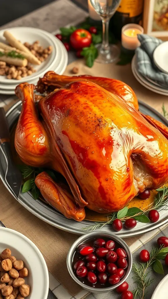 A beautifully glazed turkey on a serving platter with cranberry sauce and garnishes.