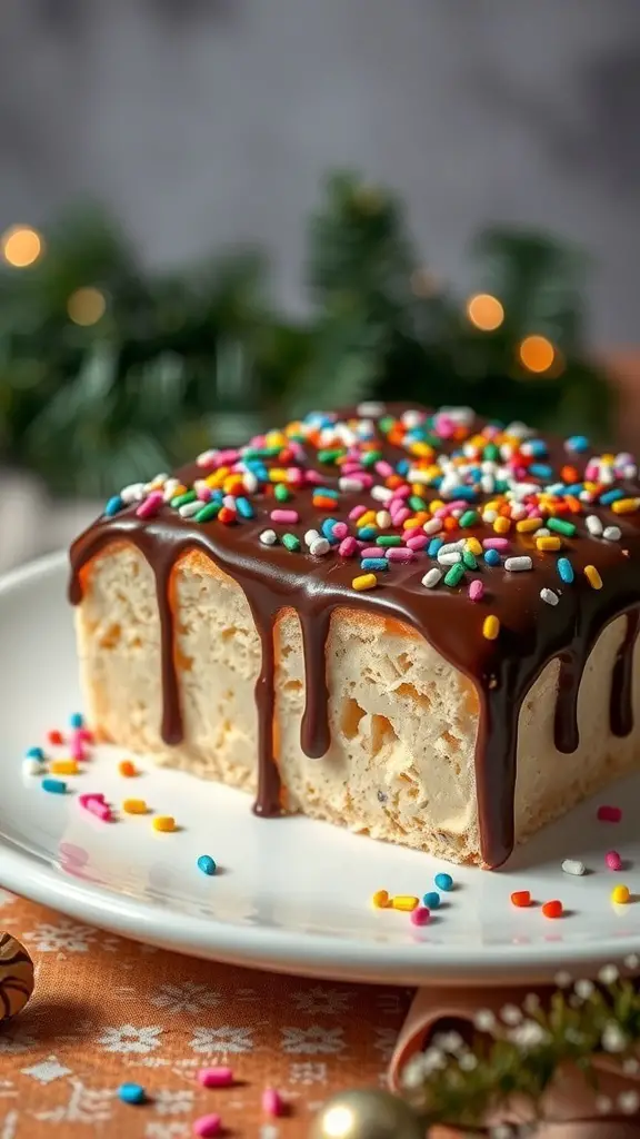 A plate of pignolata, Italian fried dough balls drizzled with honey and topped with colorful sprinkles.