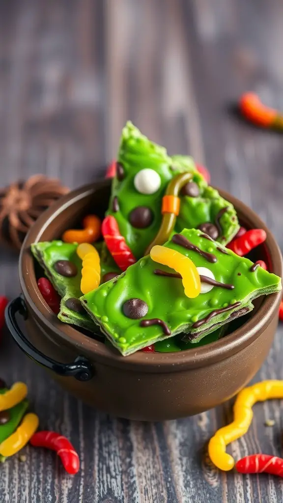 Colorful Witch's Brew Cracker Bark with gummy worms in a bowl