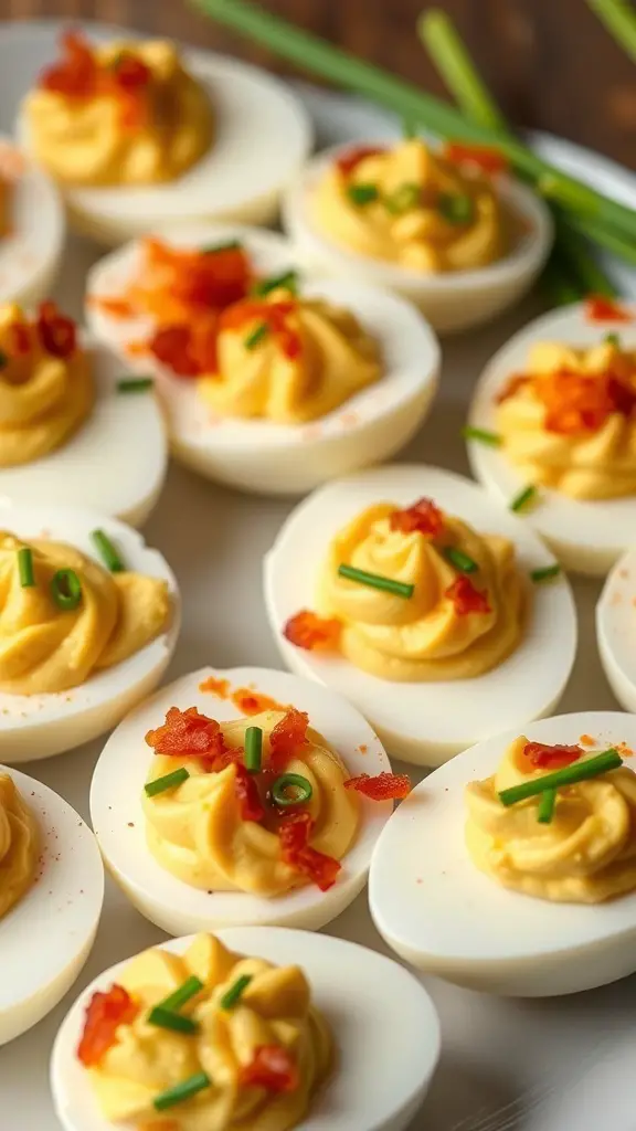 A platter of deviled eggs topped with bacon bits and chives
