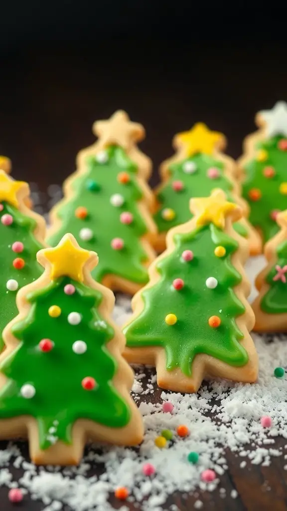 Decorated Christmas tree cookies with colorful icing and sprinkles