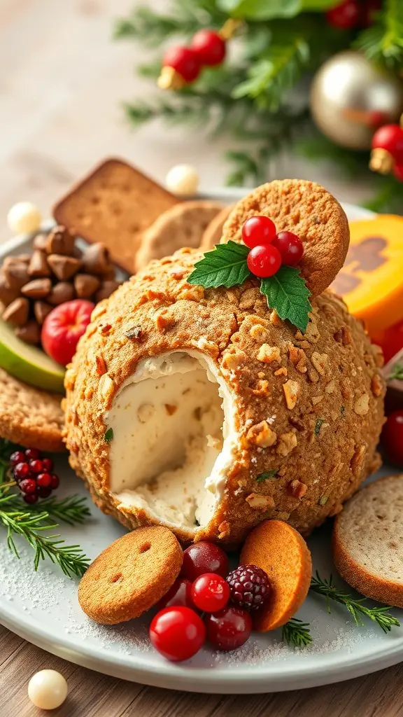 A festive gingerbread cookie cheese ball surrounded by various dippers and garnished with berries and mint.