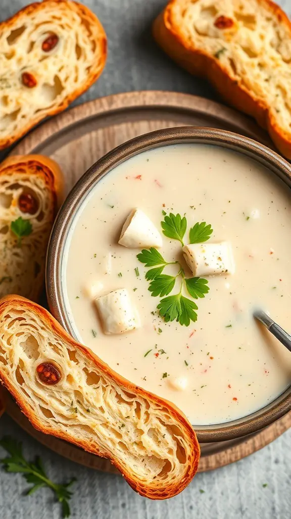 A bowl of creamy crab chowder with fresh parsley and slices of crispy bread