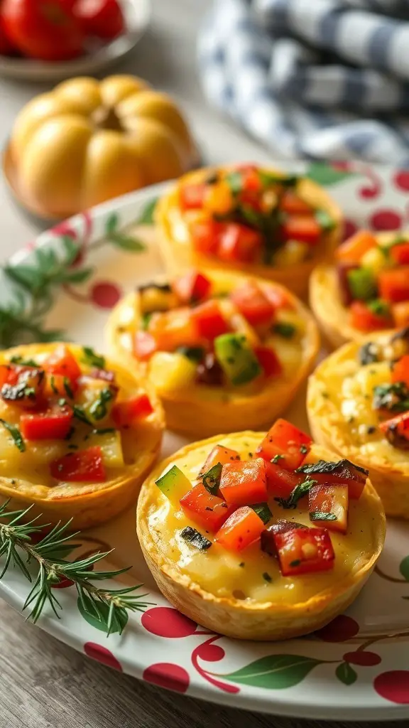 Colorful holiday egg muffins topped with diced vegetables on a festive plate.