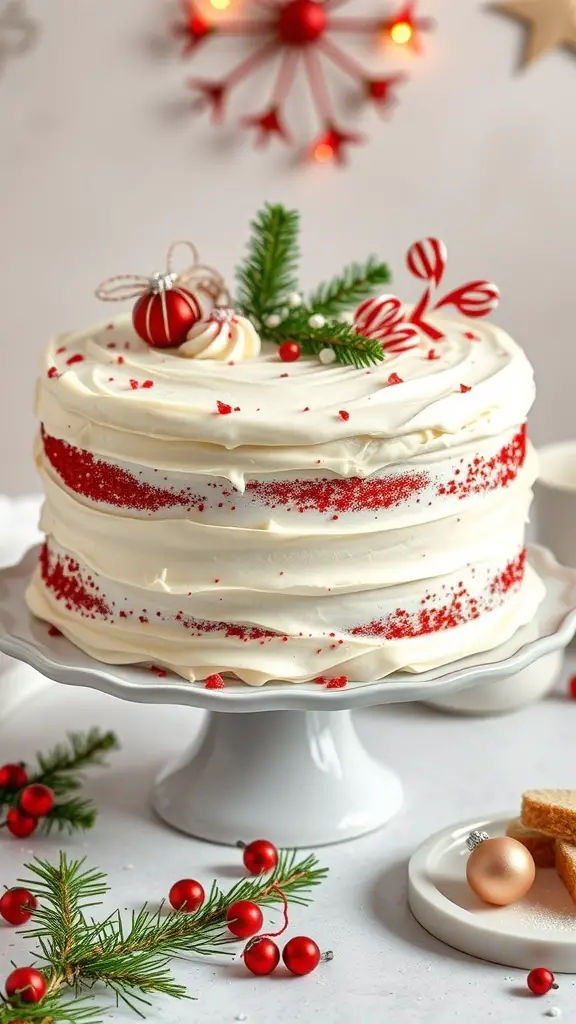 A beautifully decorated Red Velvet Christmas Cake with white frosting, red sprinkles, and festive decorations.