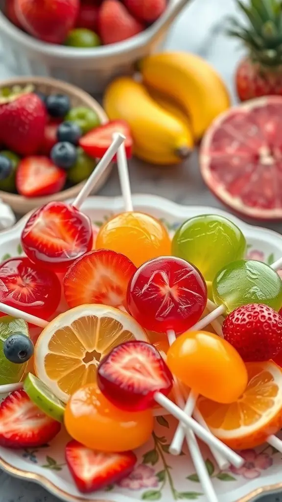 A colorful assortment of fruit-flavored lollipops surrounded by fresh fruits.