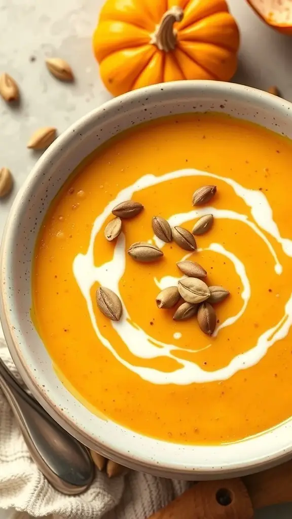 A bowl of creamy butternut squash soup topped with pumpkin seeds and a swirl of cream, with a small pumpkin in the background.