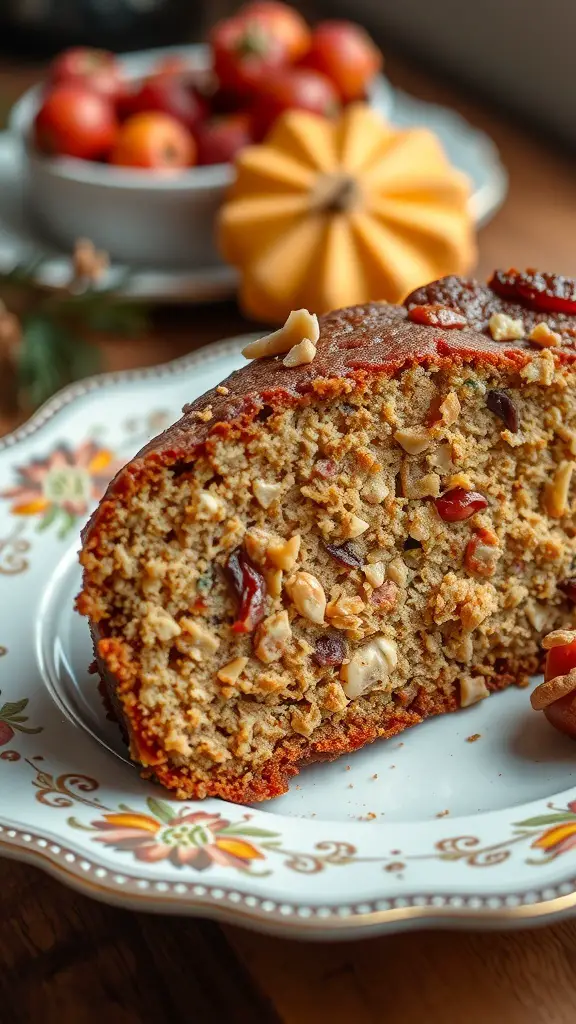 A slice of fruitcake with nuts and dried fruits on a decorative plate, with a bowl of fruits in the background.