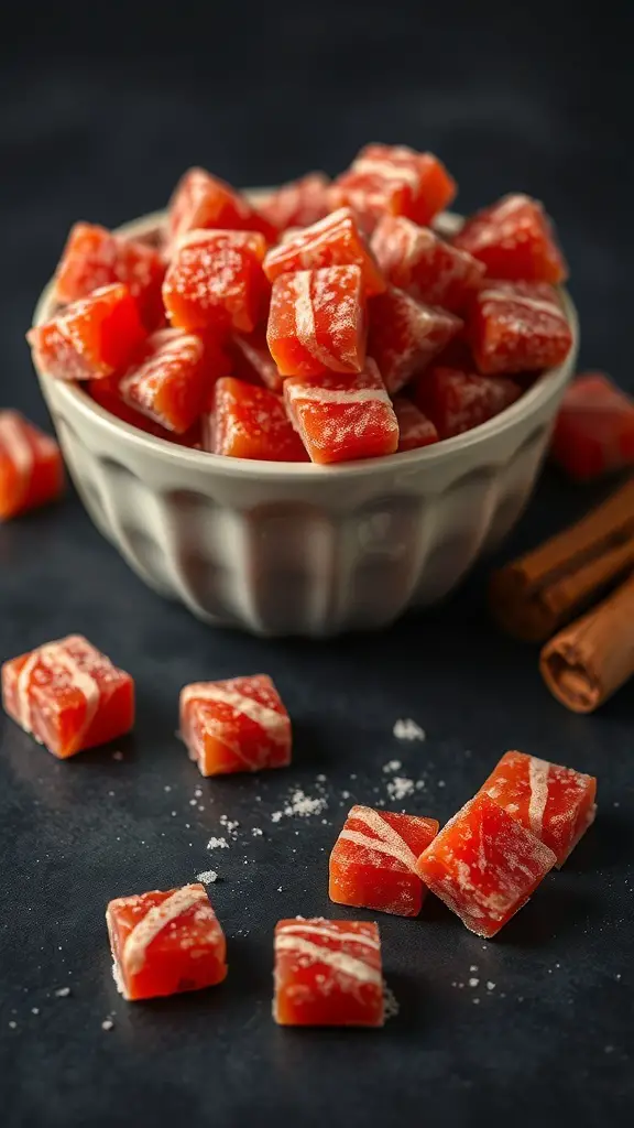 A bowl of spicy cinnamon fireball candies with a few scattered around, showcasing their vibrant red color.