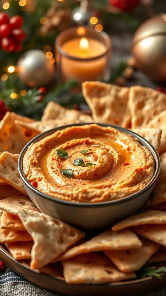 A bowl of roasted red pepper hummus surrounded by pita chips, with festive decorations in the background.