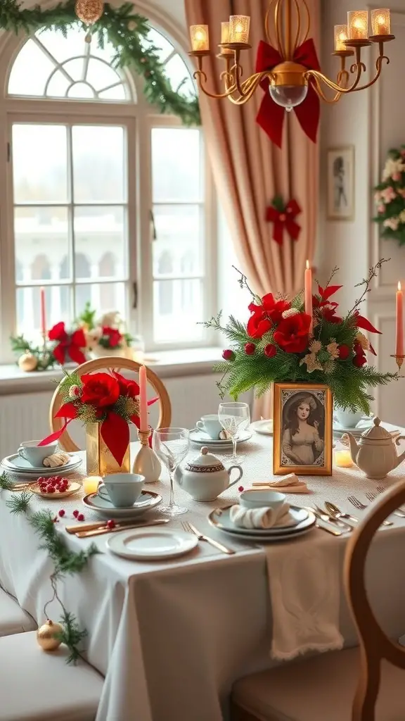 A beautifully decorated Christmas tea party table with red flowers, candles, and elegant tea sets.