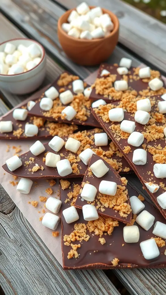 S'mores chocolate bark with marshmallows and graham crackers on a wooden table