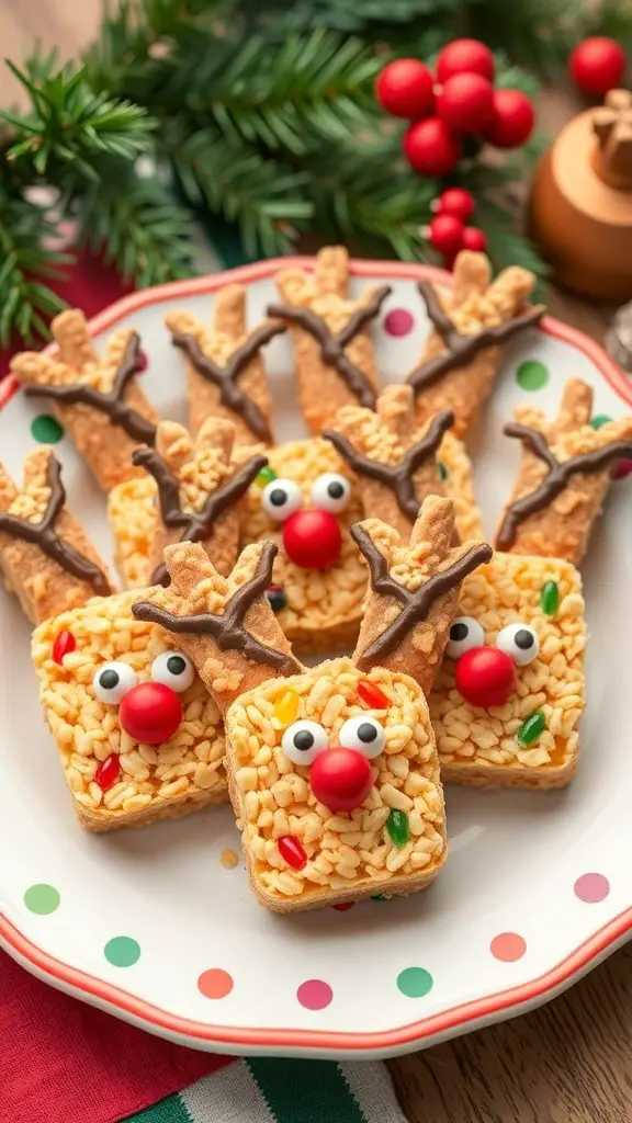 A plate of Reindeer Rice Krispie Treats decorated with chocolate antlers, red noses, and candy eyes.