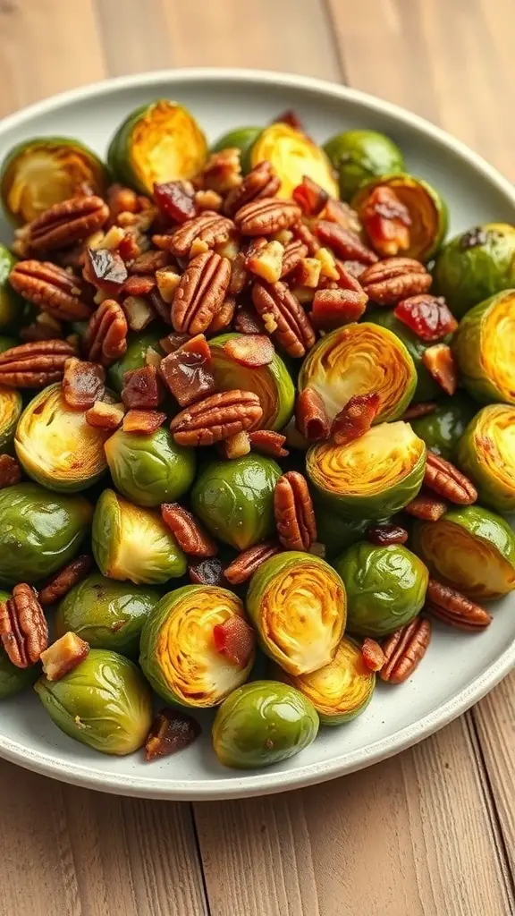 A plate of Maple Bacon Brussels Sprouts topped with pecans