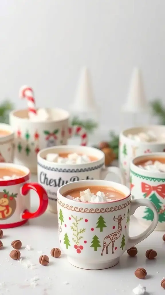 A collection of festive mugs filled with hot chocolate, featuring holiday designs like reindeer and Christmas trees.