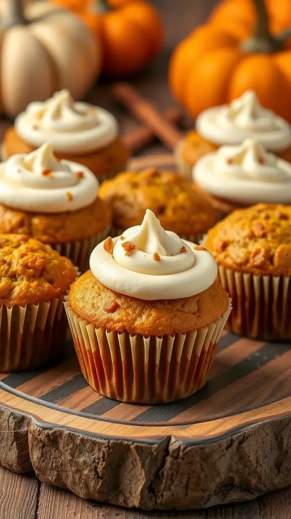 Pumpkin spice muffins with cream cheese frosting on a wooden platter, surrounded by pumpkins.