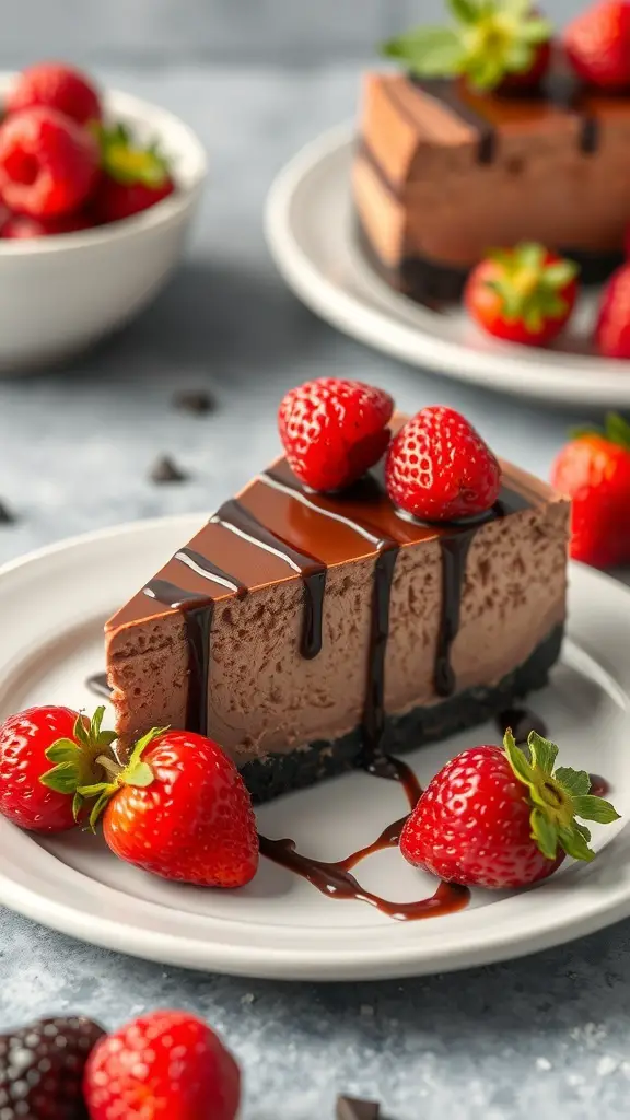 A slice of creamy milk chocolate cheesecake topped with strawberries and chocolate drizzle.