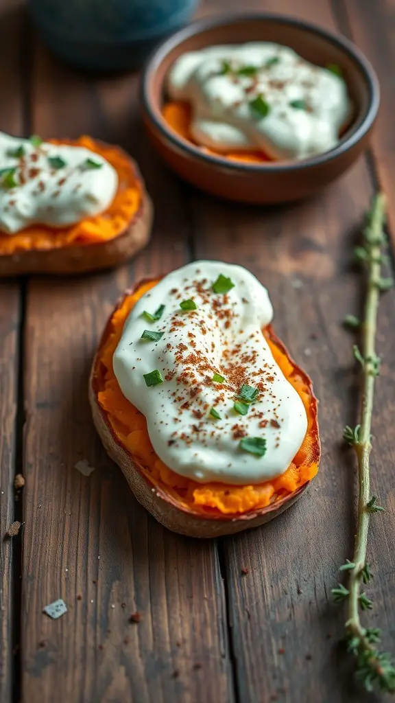 Spiced sweet potato crostini topped with creamy sauce and herbs on a wooden table