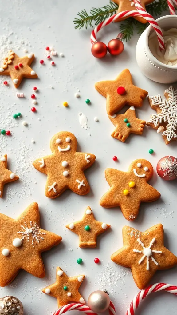 A festive gingerbread cookie decorating station with various cookies, icing, and decorations.
