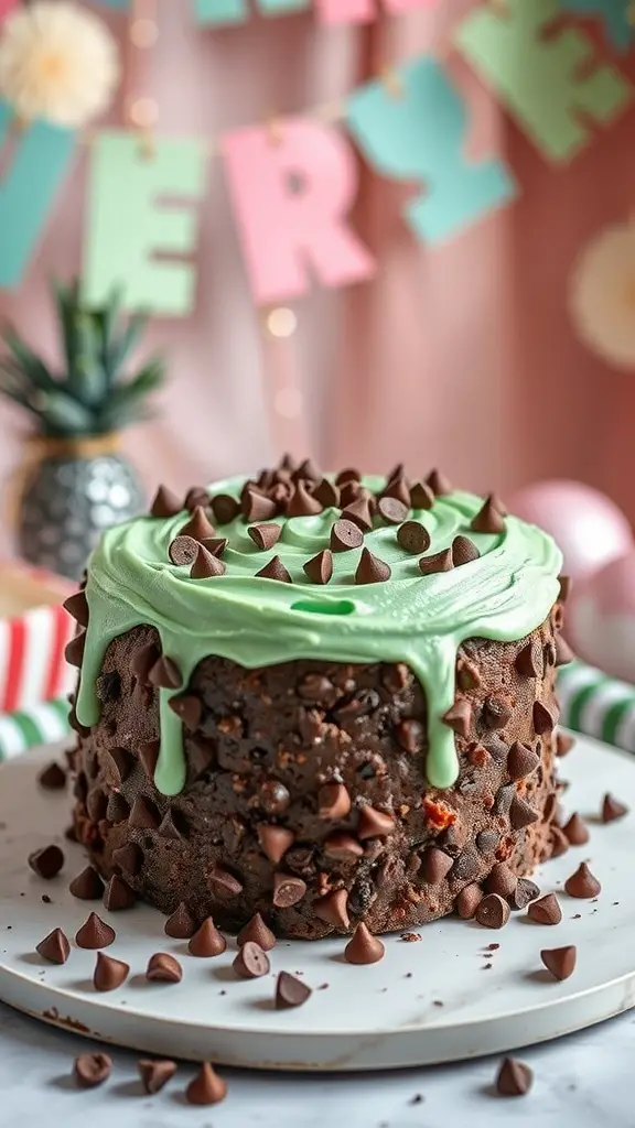 A chocolate mint chip birthday cake with green frosting and chocolate chips on top.