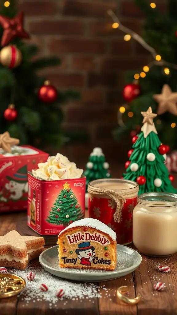 A festive display featuring Little Debbie Christmas Tree Cakes, hot chocolate, and holiday decorations.