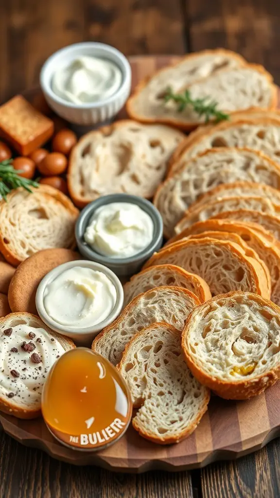 A rustic charcuterie board featuring various breads and spreads.