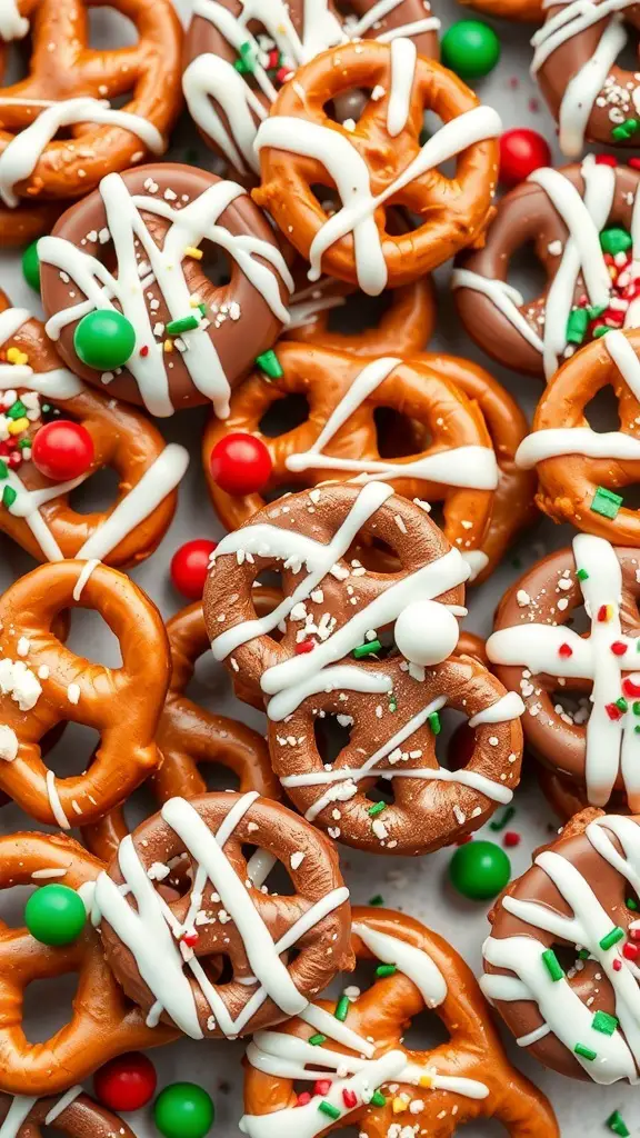 A close-up of chocolate-covered pretzels decorated with sprinkles and festive colors.