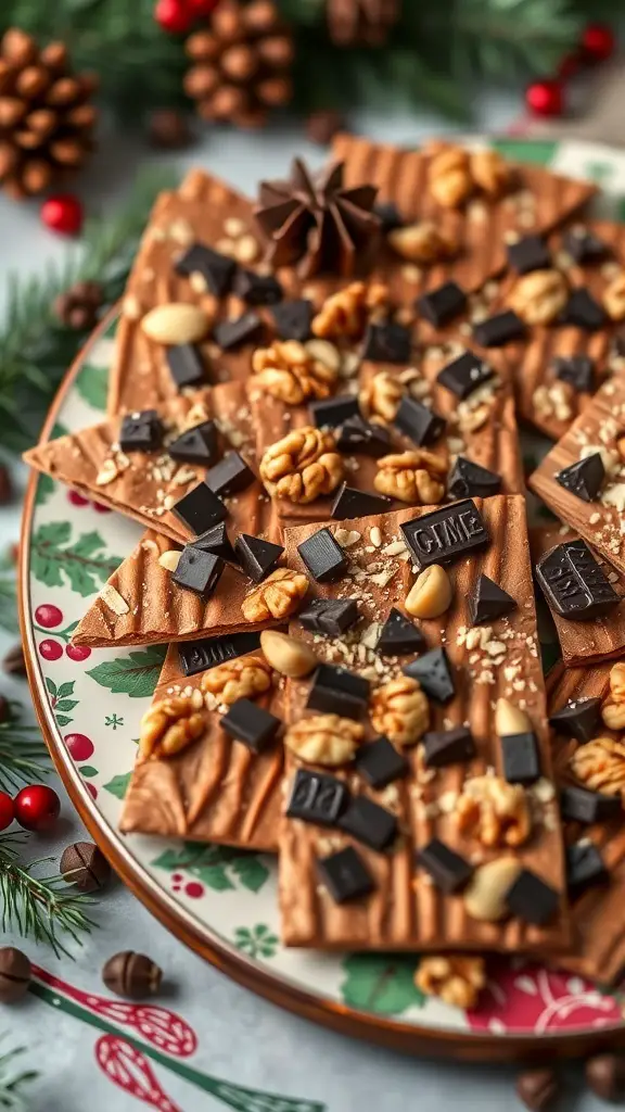 Maple walnut bark with dark chocolate on a festive plate, decorated with pine cones and holiday greenery.