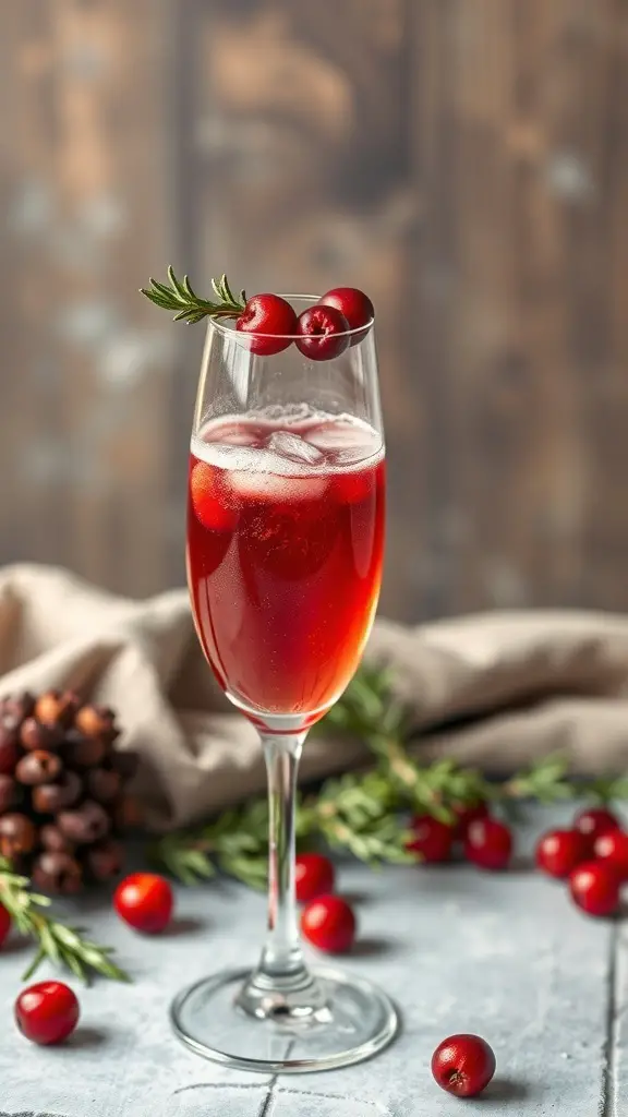 A glass of Spiced Cranberry Mimosa garnished with cranberries and rosemary, surrounded by fresh cranberries and greenery.