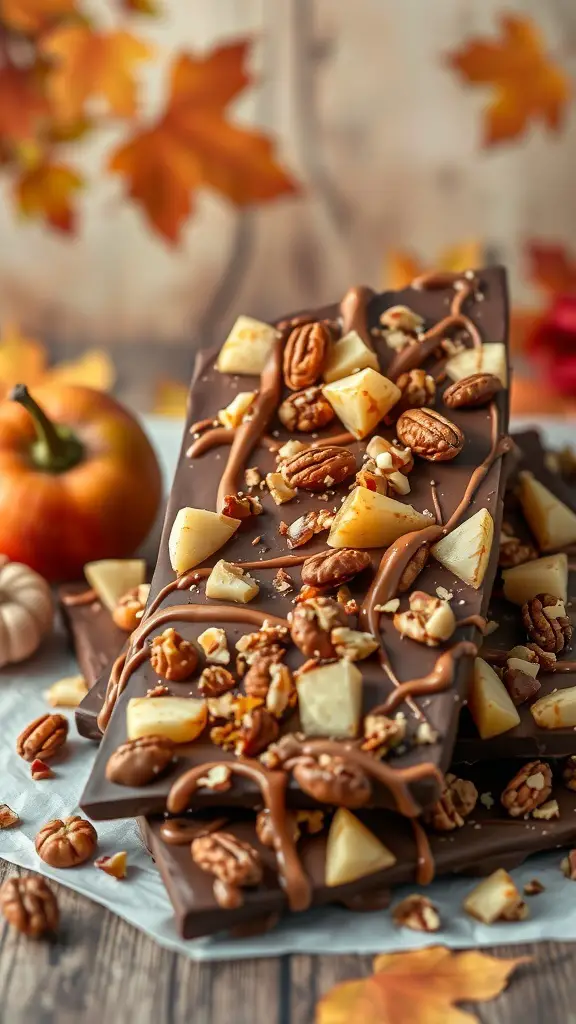 A stack of chocolate bark topped with pecans and apple pieces, drizzled with caramel, with autumn leaves in the background.