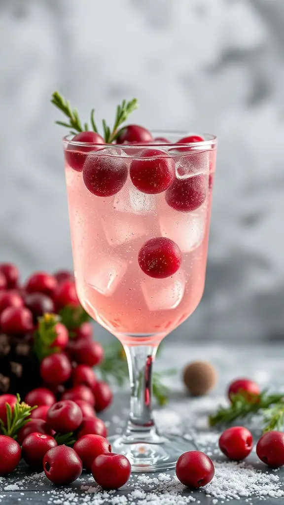 A refreshing cranberry fizz mocktail with ice and fresh cranberries, garnished with a sprig of rosemary.